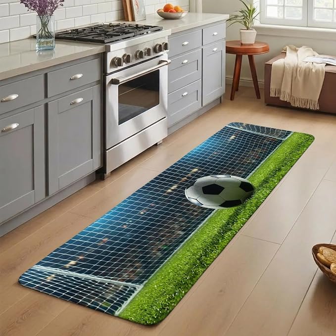 Football Bathroom Runner Rugs Non Slip Washable Absorbent Narrow Long Bath Mat Soccer Ball Sports Net Mesh Evening Match Runner Rugs for Kitchen Hallway Bedroom Laundry Study Room 15.7"x47.2"