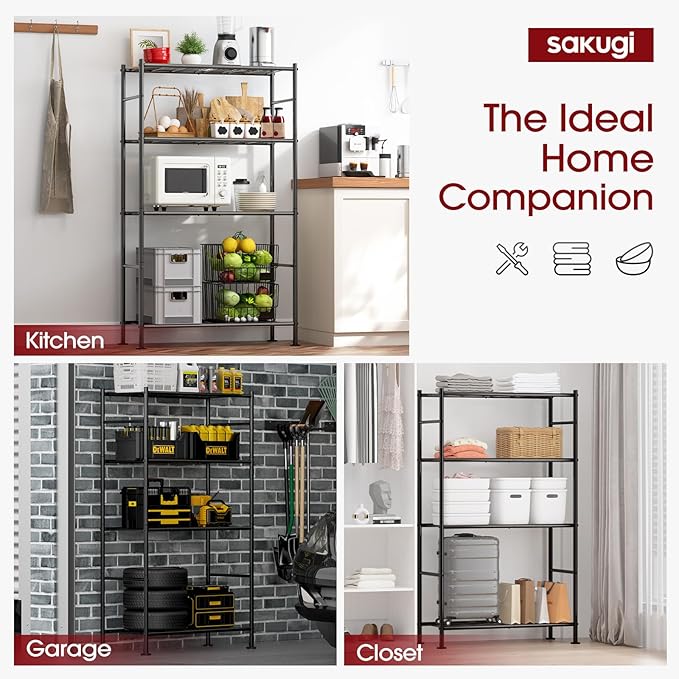 Sakugi Storage Shelves - 4 Tier Shelf Organizer, Heavy Duty Garage Shelving Unit with Leveling Feet, Stable Metal Shelves Organizer for Pantry, Kitchen and Closet, 33.0" W x 12.6" D x 57.2" H, Black