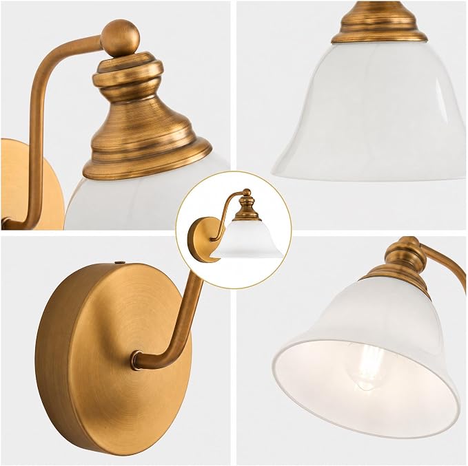Brass Wall Sconce, 7.87" W x 7.87" H Vintage Gold Brushed Metal Wall Lighting, E26 Bulb Base, Farmhouse Wall Lamp for Hallway, Bedside, Corridor, Bedroom, Bathroom Vanity (Bulb Not Inclu