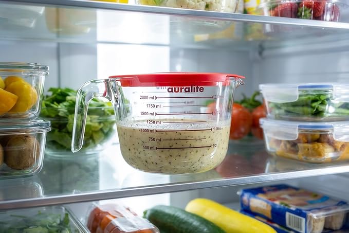 Auralite 8-Cup Borosilicate Glass Measuring Cup with Lid, 2 Quart, 2 Litre Large Glass Measuring Cup - Kitchen Mixing Bowl Liquid Measure Cups Glass Bakeware Set, Punch Bowl, Batter Bowl, 2Qt, 2L