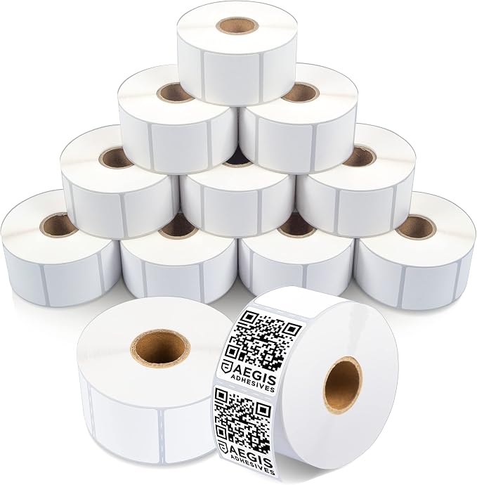 Aegis Adhesives - 1.5" X 1.5" Square Direct Thermal Labels (10800 Count, 12 Rolls) - QR Code Stickers, Price Tags, Barcode Labels for Inventory - Compatible with Zebra Printers, NOT Rollo Compatible