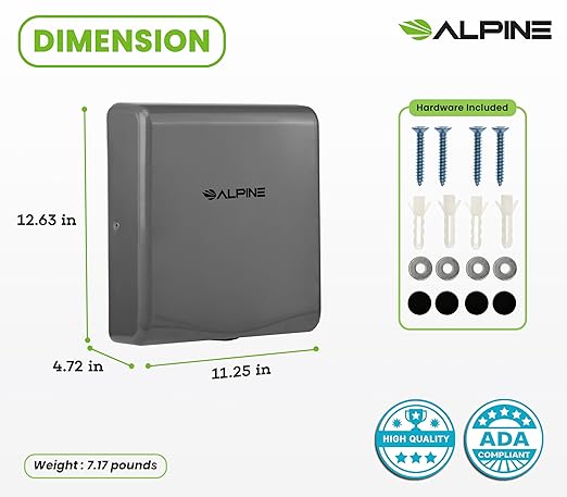 Alpine Commercial Hand Dryer with HEPA Filter, 8 Seconds Extreme Speed Electric Hand Dryer for Home Bathroom/Restaurant with Heat & Speed Control - ADA Compliant (120V Grey)