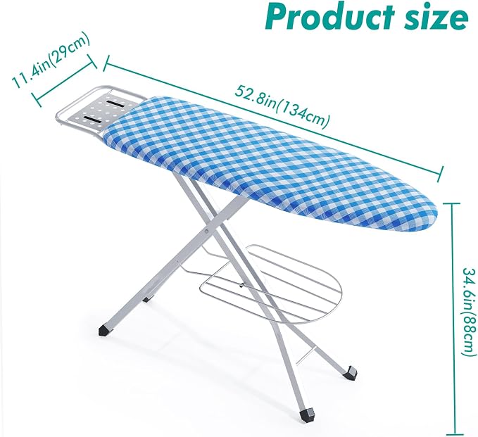BKTD Ironing Board, Heat Resistant Cover Iron Board with Steam Rest, Non-Slip Foldable Ironing Stand. Heavy Sturdy Metal Frame Legs Iron Stand(13 * 34 * 53 Inches) (Blue White)
