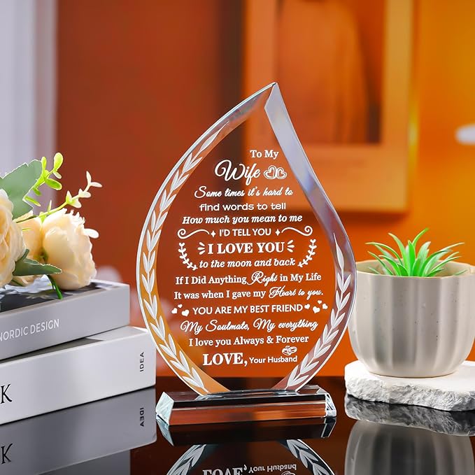 QIANWEI Mothers Day Gifts for Wife from Husband Laser Engraved Glass Plaque, Romantic Birthday Wedding Anniversary Christmas Valentines Present for Women