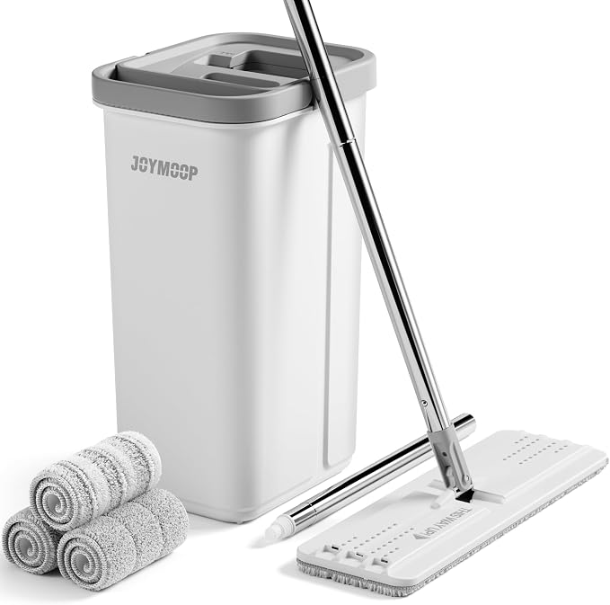 JOYMOOP Flat Mop System with Wringer Bucket, White, Microfiber Floor Cleaning Set for Wet and Dry Use, 60" Handle with 3 Reusable Pads