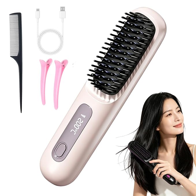 Hair Brush for Short Hair, Straightener Brushs for Travel (Purple) | LCD Temperature Display, Fast Heating Cordless Mini Hair Brushs