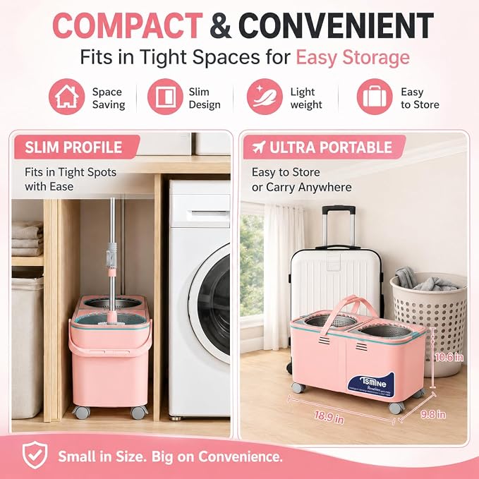 RinseWise Easy-Use Gen 2 Spin Mop and Bucket for Pet & Family Homes, Shower-Style Rinse, Clean & Dirty Water Separation, 1.5 Gal Clean Water Capacity, 4 Swivel Wheels, 61" Handle, 6 Mop Heads - Pink