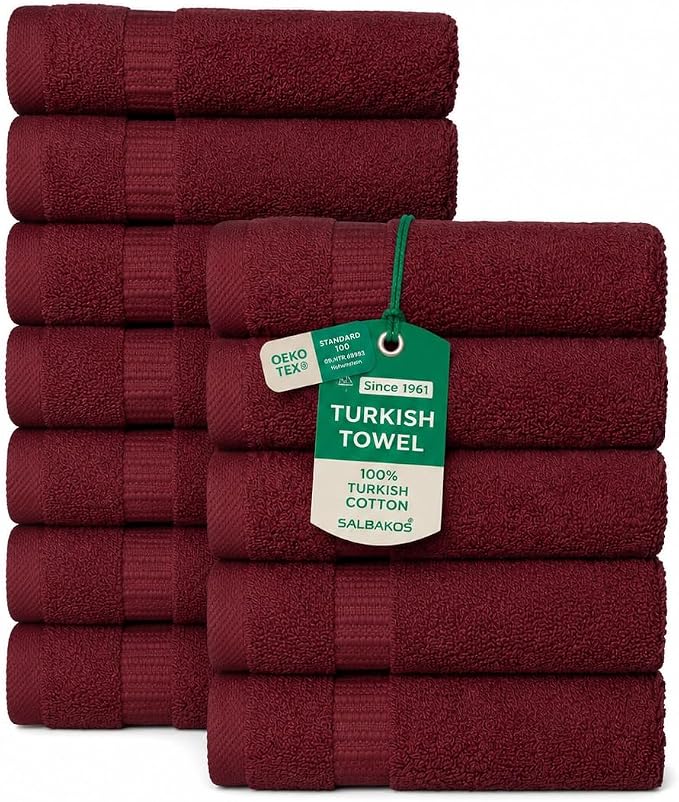 SALBAKOS 12-Piece 100% Turkish Cotton Washcloths and Face Towels, Wine | 13x13 in Standard Size Small Towel, Multi-use Bathroom & Kitchen, Thick Super Soft Absorbent Durable, Oeko-Tex Made in Turkey