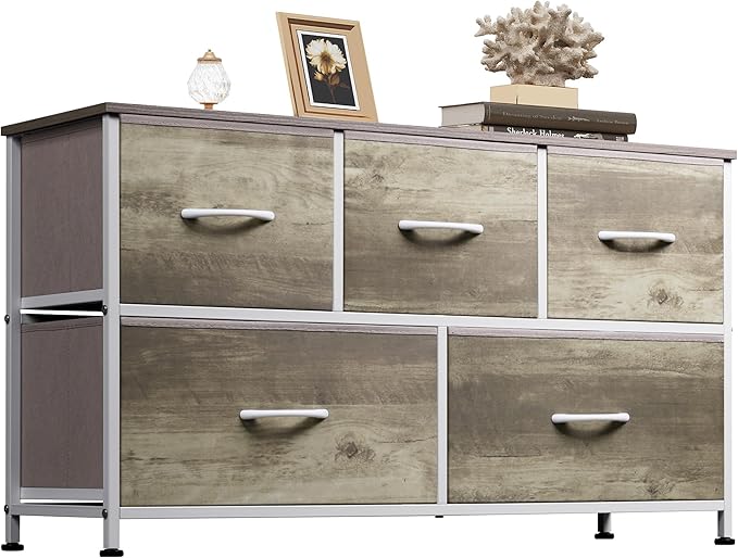 WLIVE Wide Dresser for Bedroom, 5 Drawer Chest of Drawers, Greige | 5 roomy fabric drawers, Wide storage design, Bedroom or closet use, Sturdy steel frame, Smooth wood tabletop