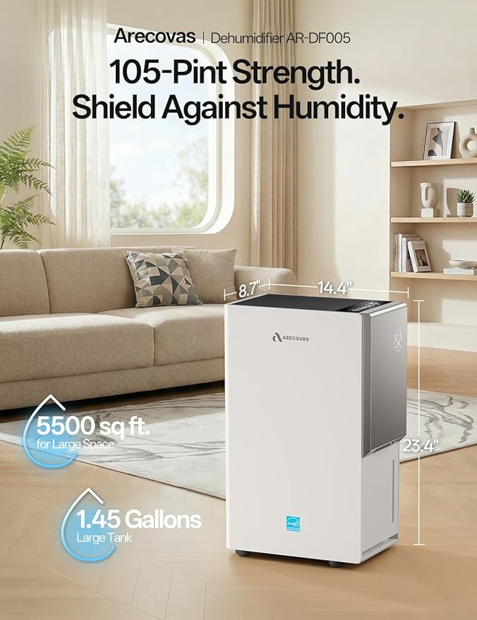 5500 Sq.Ft Energy Star 2025 Dehumidifier, Arecovas Max 105 Pint/Day Smart Compressor Dehumidifier with Drain Hose, Intelligent Humidity Control for Home Bathroom Garage Bedroom