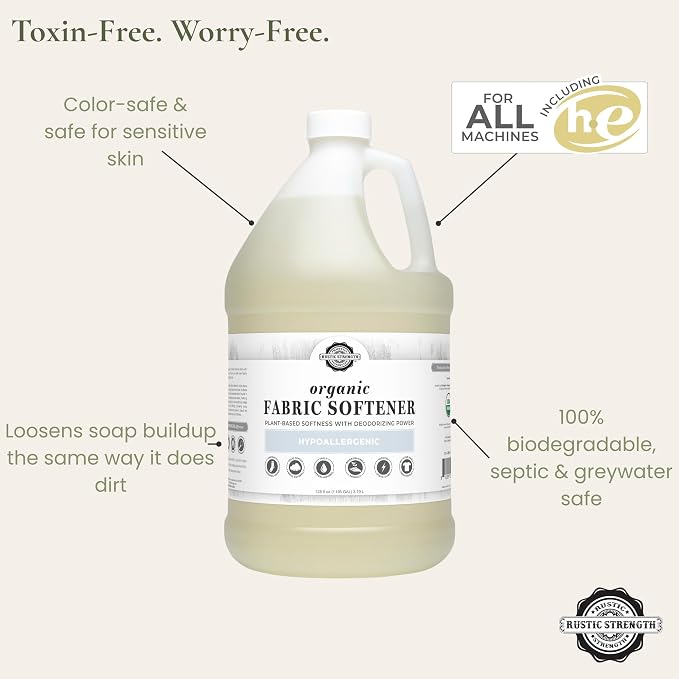 Rustic Strength Unscented Fabric Softener, Plant Based, Gallon Plastic | Softens fabrics naturally with no harsh chemicals,No unnecessary additives,dyes, or fillers,Works in all machines