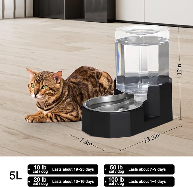 Sfozstra 5L Cat Gravity Water Bowl Dispenser: Stainless Steel Bowl | No Power Needed / No Filter Required / Spill Proof Design / Easy Cleaning / Cats & Small Dogs / Home Crate Area & Travel