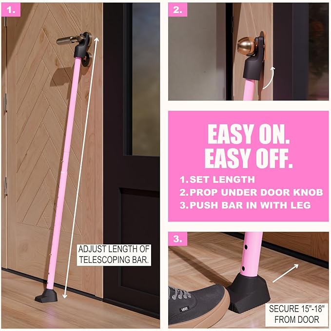 SECURITYMAN 3-in-1 Door Security Bar, Security Door Stoppers & Door Barricade – Heavy Duty Adjustable Iron Security Lock Bar for Home Defense, Apartment & Travel Safety (1 Pack - Pink)