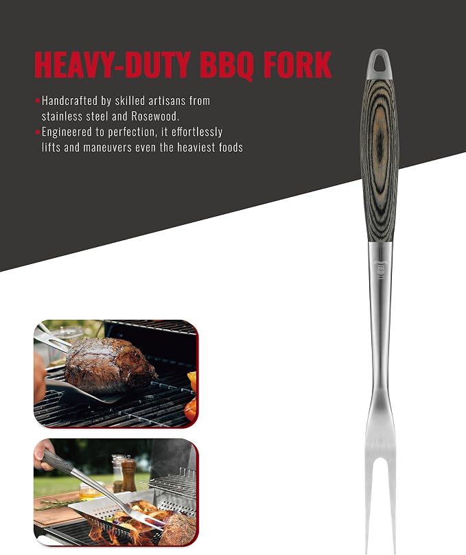 Grilaz Stainless Steel BBQ Tool Set with Veined-Dyed Wooden Handles | Heavy Duty Grilling Accessories | 3-Piece Outdoor Barbecue Grill Utensil Set with Spatula, Fork, and Tongs - Ideal Gift for Men…