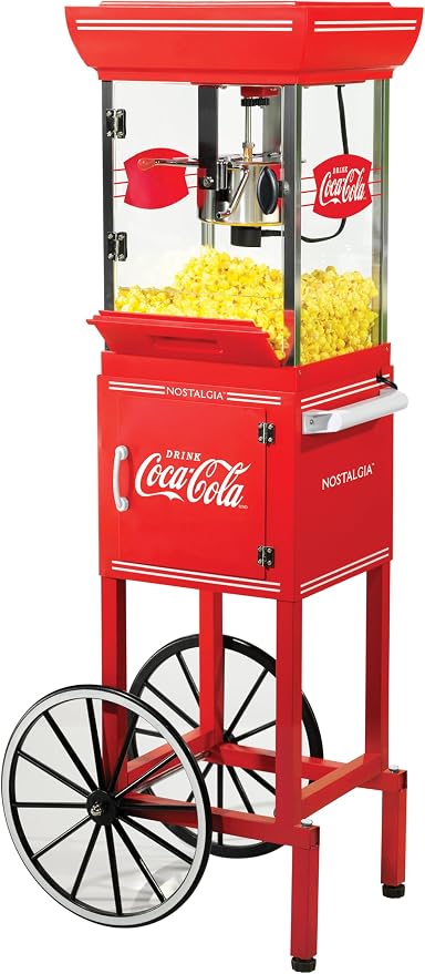 Nostalgia Coca-Cola Popcorn Maker - 48-Inch Vintage Movie Theater Style Cart with 2.5 Oz Kettle, 10 Cup Capacity, Lighted Interior, Storage Compartment, and Wheels - Red