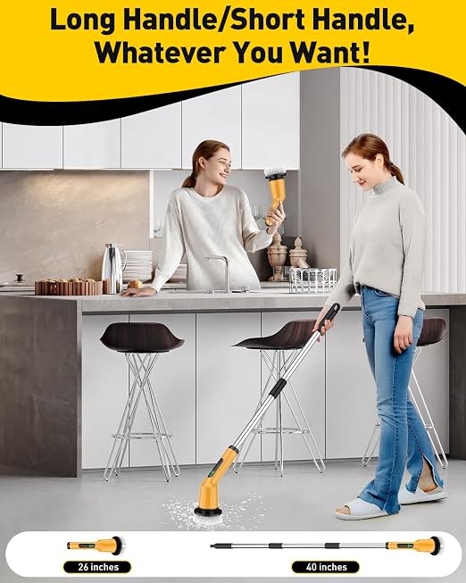 Electric Spin Scrubber for Cleaning Bathroom, Shower Scrubber Cordless Cleaning Brush with IPX7 Waterproof & 2 Speed, 3 Brush Heads, Bathroom Cleaning Supplies for Shower Tub Yellow