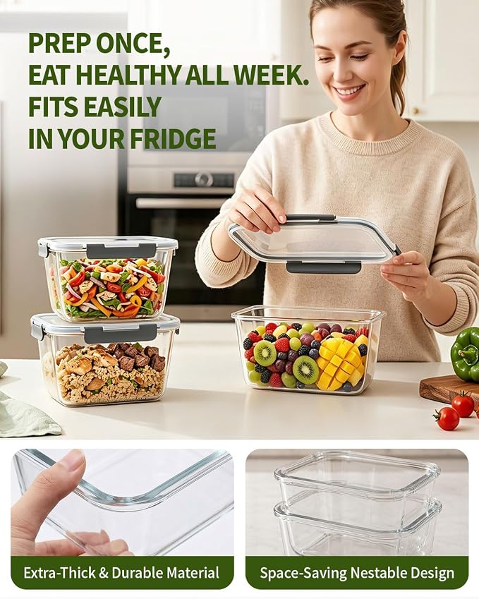 2 Pack 88oz/11 Cups Large Glass Storage Containers with Lids, High Borosilicate BPA Free Airtight Leakproof Meal Prep Containers for Microwave, Freezer & Dishwasher, Kitchen, Gym & Picnic,Baking