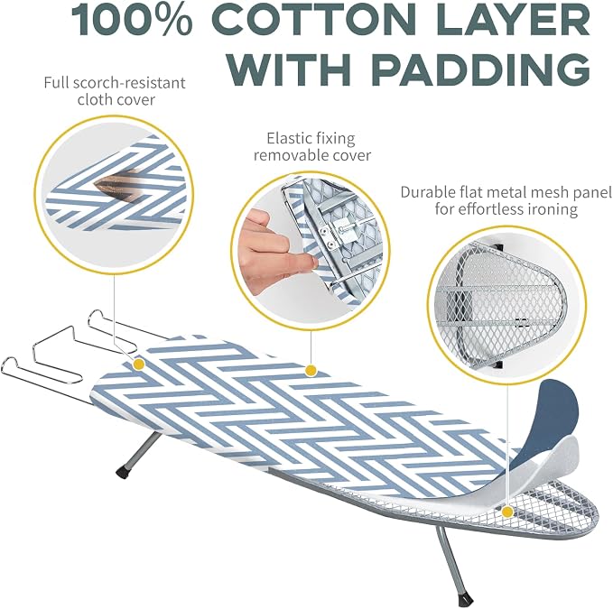 Small Tabletop Ironing Board Foldable, RAINHOL Steel Mesh Portable Iron Board for Dorm and Apartment, with Iron Rest and Heat-Resistant Cotton Cover, 32" x 12", Blue and White Stripes