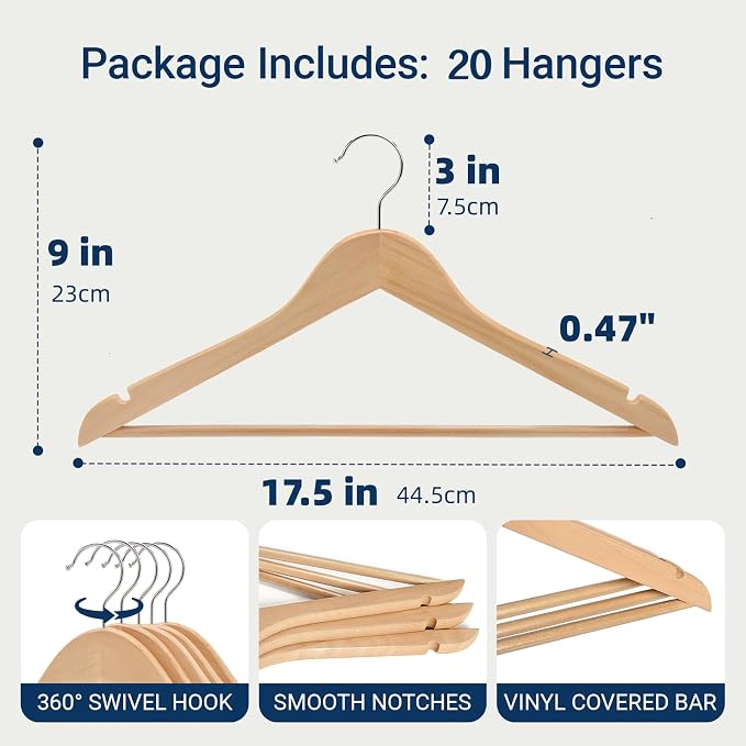 Amber Home 20 Pack Wooden Coat Hangers, Natural Wood Suit Hangers with Non-Slip Pant Bar, Clothes Hangers for Closet Organization, Shirts, Jackets, Dresses, and Pants (Natural, 20)