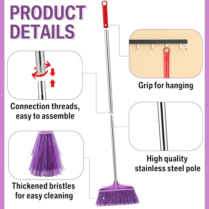 Lasnten Lasnten 8 Pack Heavy Duty Broom for Indoor Outdoor 49 Inches Commercial Broom with Stainless Steel Detachable Long Handle Commercial Cleaning Tools for Home Garage Office Patio Floor, Purple