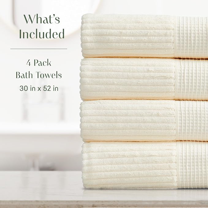 Springtree Home 100% Cotton Bath Towel Set | 4-Pack | Textured | Cream | Absorbent & Quick-Dry Bathroom Towels | Textured and Durable Cotton Towels for Bathroom | OEKO-TEX | Krista Collection