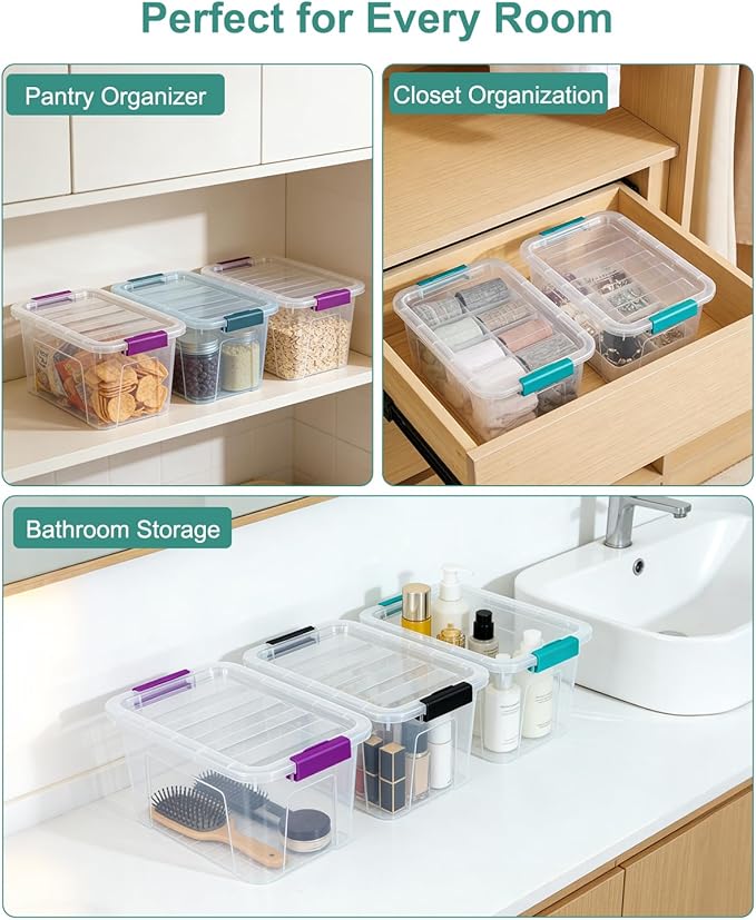 Storage Bins with Lids 6 Pack Clear Storage Containers, 7 Quart Stackable Plastic Containers with Secure Black Buckle Latch, Durable Storage Box Organizer for Pantry, Closet, Office & Classroom
