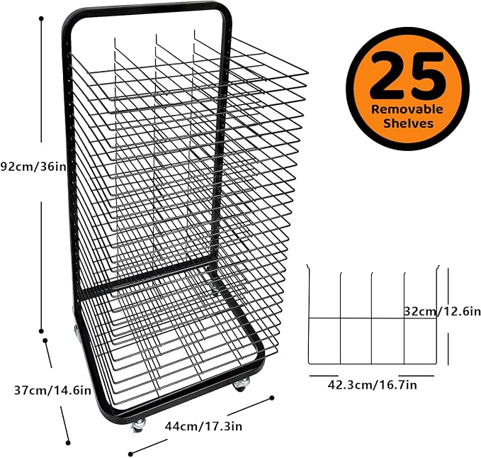25 Removable Shelves Mobile Art Drying Rack for Classroom, Sturdy Metal Art Canvas Storage & Art Print Display Rack with Locking Wheels (32.22x14.6x17.3 In)，Painting Drying Rack，paper drying rack
