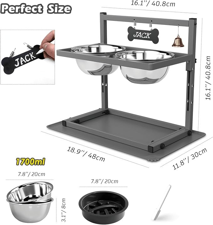 SHAINFUN Grey Raised Dog Bowl Stand with Two 1700ml Stainless Steel Food Bowl, a Slow Feeder and Silicone Pet Feeding Mat, Adjustable Dog Feeder, Elevated Dog Bowls for Large Medium and Small Dogs