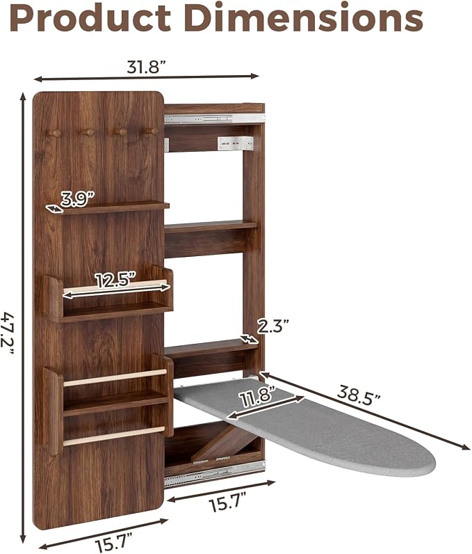 Kikihouse Wall Mounted Ironing Board Cabinet with Storage, Foldable Wall Ironing Board with Sliding Door, Wall Mount Space Saving Ironing Station for Laundry Room, Living Room, Entrance (Walnut)