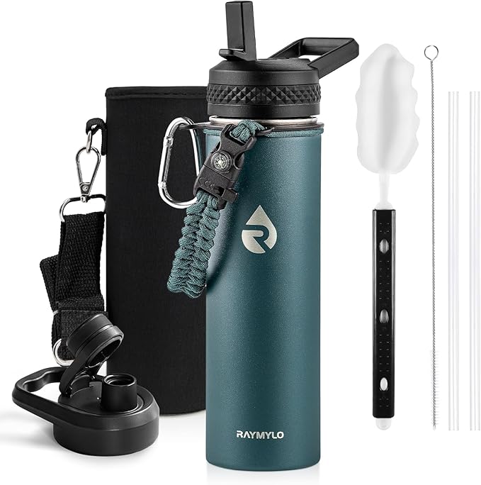 RAYMYLO Insulated Water Bottle 20 oz, Triple Wall Vacuum Stainless Steel (Cold for 24Hrs, Hot for 12Hrs), Leak Proof & Non-BPA, Modern Water Bottle Jug for School with Straw Spout Lids