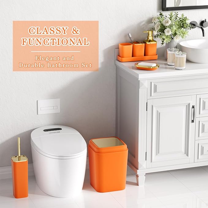 XLHOMO Bathroom Set, 9PC Bathroom Accessory Set, Orange Bathroom Accessories, Orange Bathroom Set, Trash Can, Soap Dispenser for Home Decor