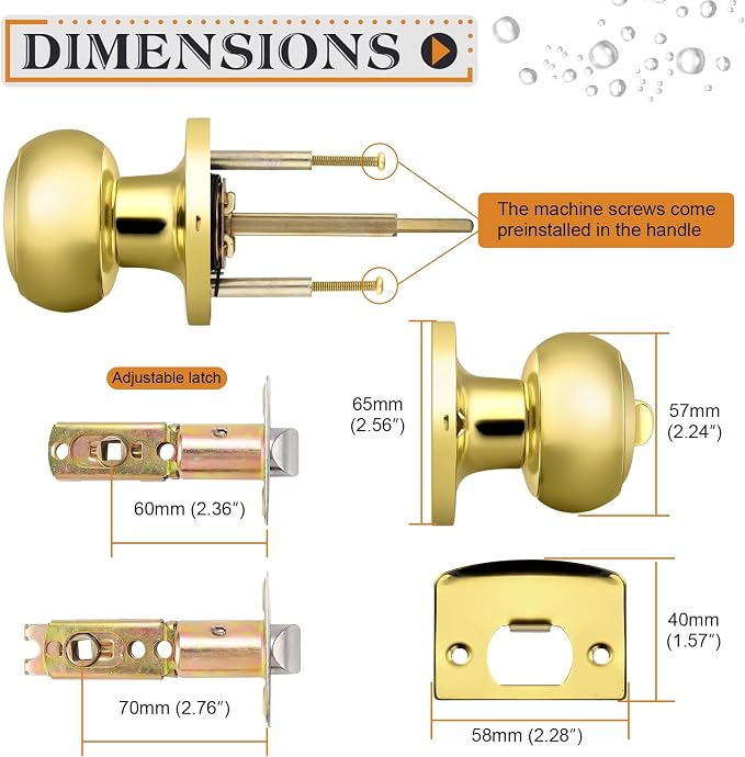 Probrico Polished Brass Privacy Interior Door Knobs Bed and Bath Keyless Door Locksets, 10 Pack