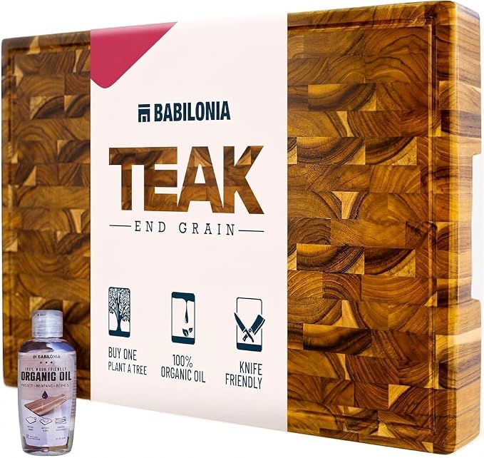 XXL Teak Wood Cutting Board for Kitchen, End Grain ExtraThick Butcher Block | 25 x 15 Inch (ExtraThick 1.7") Professional Heavy Duty Hardwood Non Toxic Wooden Chopping Board (Oil & Plate Included)