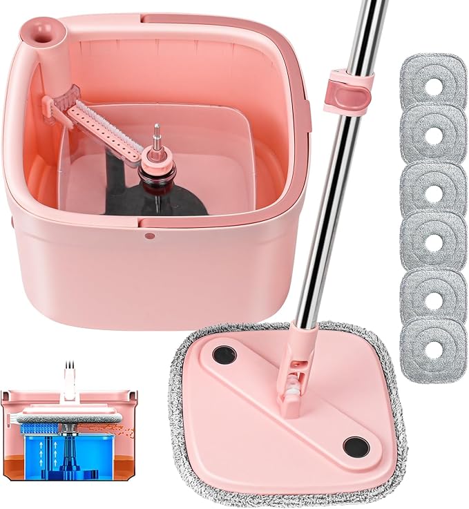 Upgraded Spin Mop and Bucket System Set, Self Separate Clean and Dirty Water, Foldable Square Standing Mop Head with Microfiber Mop Pads, Detachable Bucket (Pink, 1.0 Mop Bucket Set with 6 Pads)