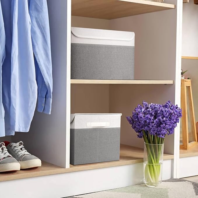 Bagnizer Large 22 Quart Linen Fabric Foldable Storage Bin Cube Organizer Basket with Flip-Top Lid & Handles, Clothes Blanket Box for Home, Office, Closet, Gray & White, 4 Pack 14.6 x 9.5 x 9.5”