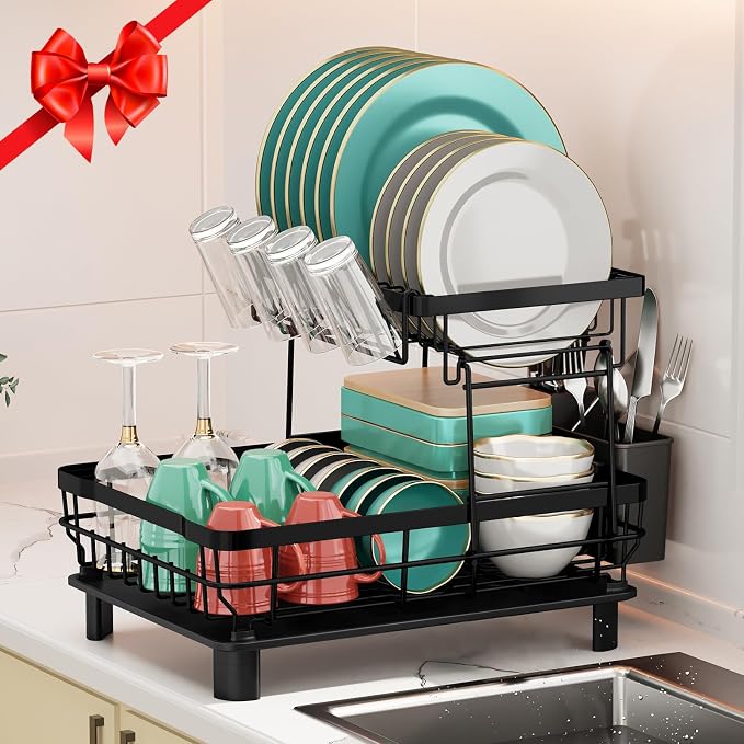 MOUKABAL 2 Tier Dish Drying Rack with Drainboard for Kitchen Counter, Black | 13×17 Large Capacity/Rustproof Stainless Steel/Fast Drainage Dish Drainer/Removable Utensil Holder/Kitchen Counter Organizer