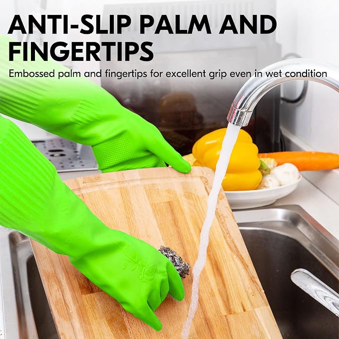 Vgo... 1-Pair Dishwashing Gloves, Reusable Household Gloves, Kitchen Gloves, Long Sleeve, Thick Latex, Cleaning, Washing, Working, Painting, Gardening, Pet Care (Size S,Green, RB2143)