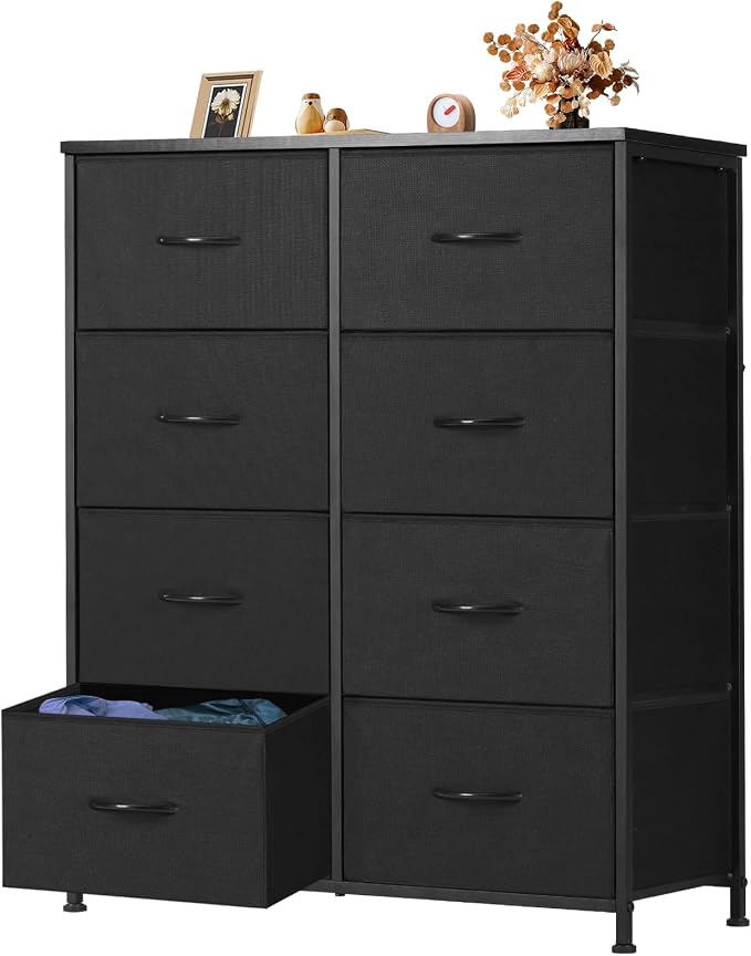OLIXIS 8 Drawer Dresser for Bedroom, Wide Fabric Storage Tower with Wooden Top and Metal Frame, Closet Chest Organizer Furniture, Living Room Hallway, Black