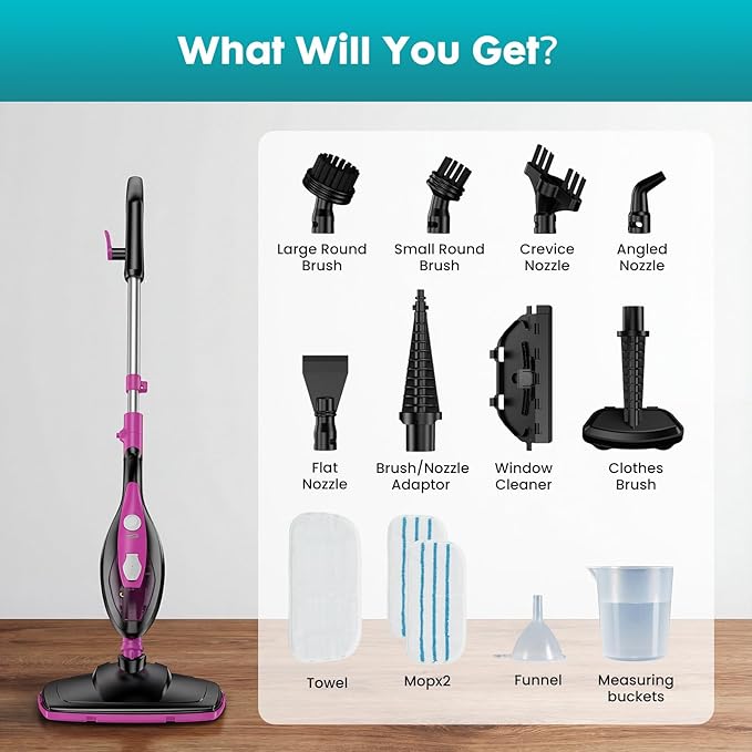 OLIXIS 10-in-1 Steam Mop, 1550W Detachable Handheld Steam Cleaner for Floor Cleaning, 16FT Cord, 2 Washable Pads, Multi-Purpose Floor Steamer for Hardwood, Carpet, Tile, Grout, Windows, Black Pink