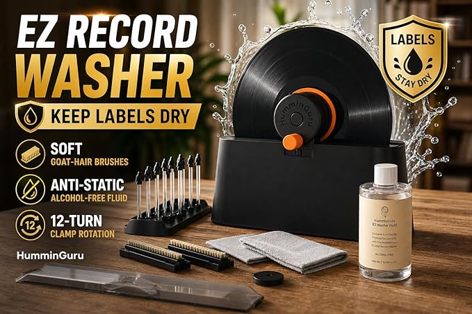 HumminGuru EZ Record Washer, Manual Vinyl Record Cleaner Machine with Easy Spin & Watertight Label Clamp, Record Cleaning Kit with Gentle Goat-Hair Brushes, Alcohol-Free LP Fluid, Drying Rack & Cloth