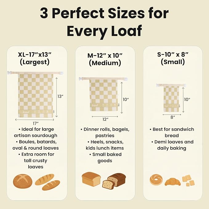 3-Pack Premium Reusable Beeswax Bread Bags for sourdough (XL, M, S) | 100% Organic Cotton, Secure Lock Closure, Freezer-Safe, Bread Storage, Breathable & Freshness Support, Eco-Friendly Bread Bag