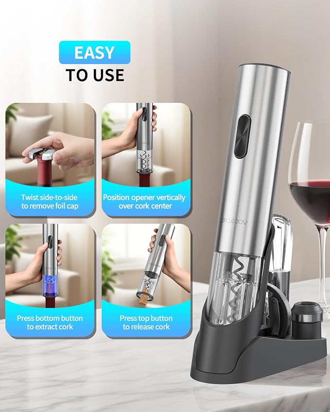 CIRCLE JOY Electric Wine Opener 7-in-1 Stainless Steel Rechargeable Electric Wine Bottle Opener Set with Automatic Vacuum Pump, Foil Cutter, Wine Pourer, 2 Vacuum Stoppers & Charging Station, Silver