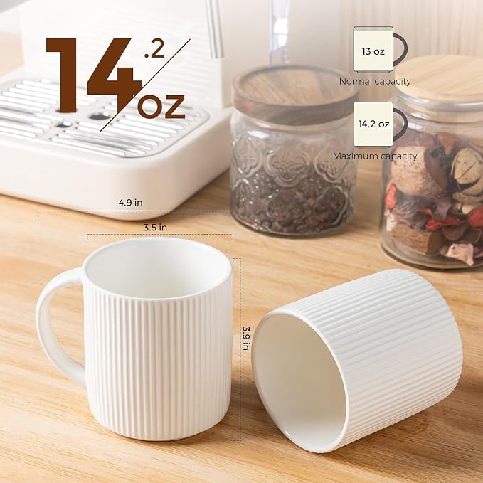 theterra Ceramic Coffee Mugs Set of 4, 14.2oz Handmade Coffee Cups with Handle for Latte, Tea, Milk, Beer, Hot Cocoa, Bright White