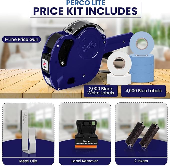 Perco Lite 1 Line Price Gun Kit for Retail Business – Includes 2 White Rolls, 4 Blue Rolls, Gun Clip & Ink Rollers – Pre-Loaded Pricing Gun w Labels & Ink