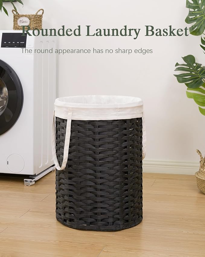 SETVSON Laundry Hamper Laundry Basket Round 19.0 Gal (72 L) Handwoven Rattan Hamper, Large Wicker Laundry Hamper with Removable Laundry Bag Handles 2 Mesh Bags for Bathroom Living Room Black (No Lid)