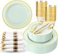 WDF Partyware 350PCS Green Plates Disposable - Sage Green Plastic Plates 50Guests Plastic Dinnerware with Rolled Napkins for Party/Birthday/Spring