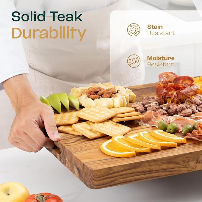 Yes4All Durable Teak Cutting Boards for Kitchen,[16.5''L x 13''W x 1.5”Thick] Medium Edge Grain Cutting Board, Pre Oiled Wood Cutting Boards, Thick Chopping Board w/Juice Grooves and Easy Grip Handle