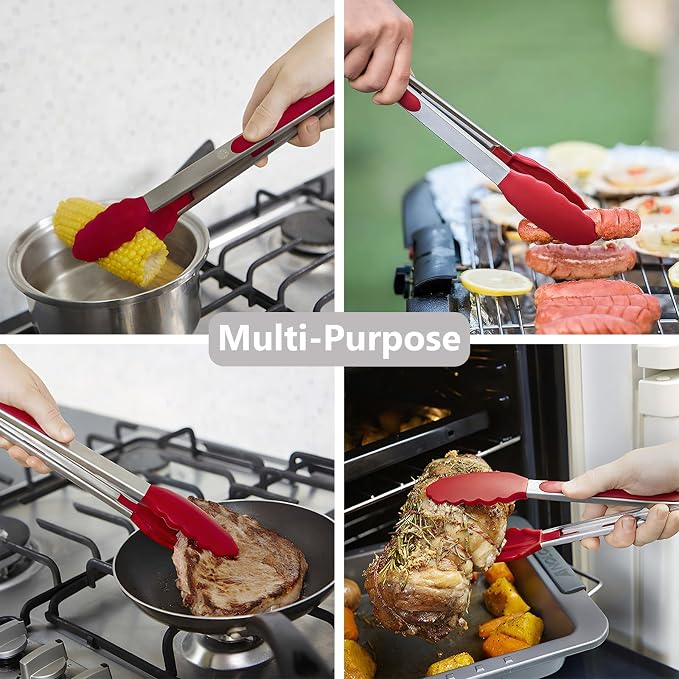 Kitchen Tongs for Cooking w Non-Stick Silicone Tips, 600°F Heat Resistant Silicone Cooking Food Tong Set Heavy Duty Stainless Steel Handle for Baking Grilling BBQ Salad Serving, 7" 9" and 12"
