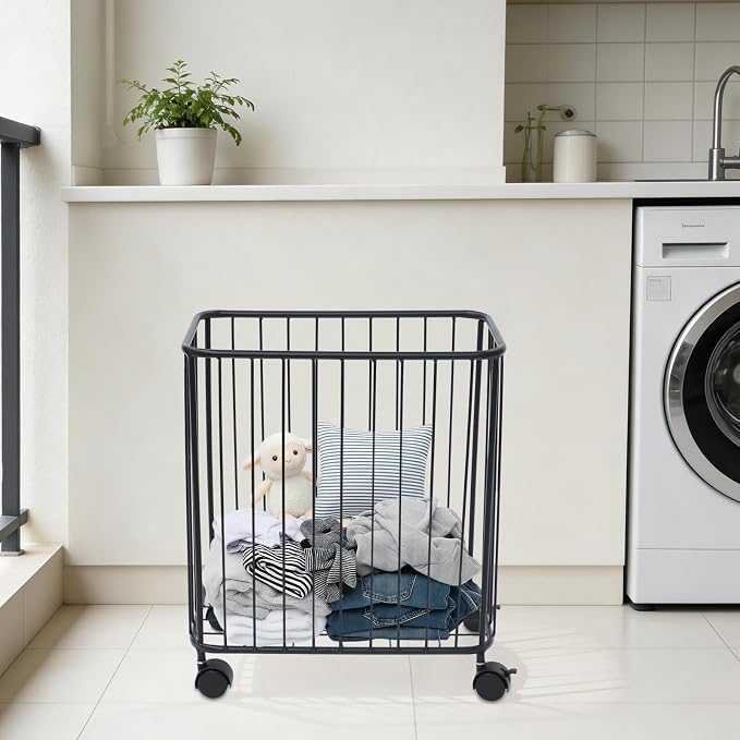 Rolling Laundry Basket with Wheels, Rectangular Metal Laundry Hamper, Large-size Dirty Clothes Basket, Versatile Portable Hollow-out Storage Basket for Home, 15.7"×9.8"×15.7" (Black-R)