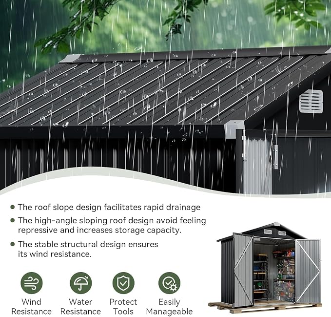 Aoxun 6'x4' Outdoor Storage Shed with Base, Black | Metal Shed with Lockable Doors & Slooping Roof Garden Tool Shed for Backyard, Patio, Poolside